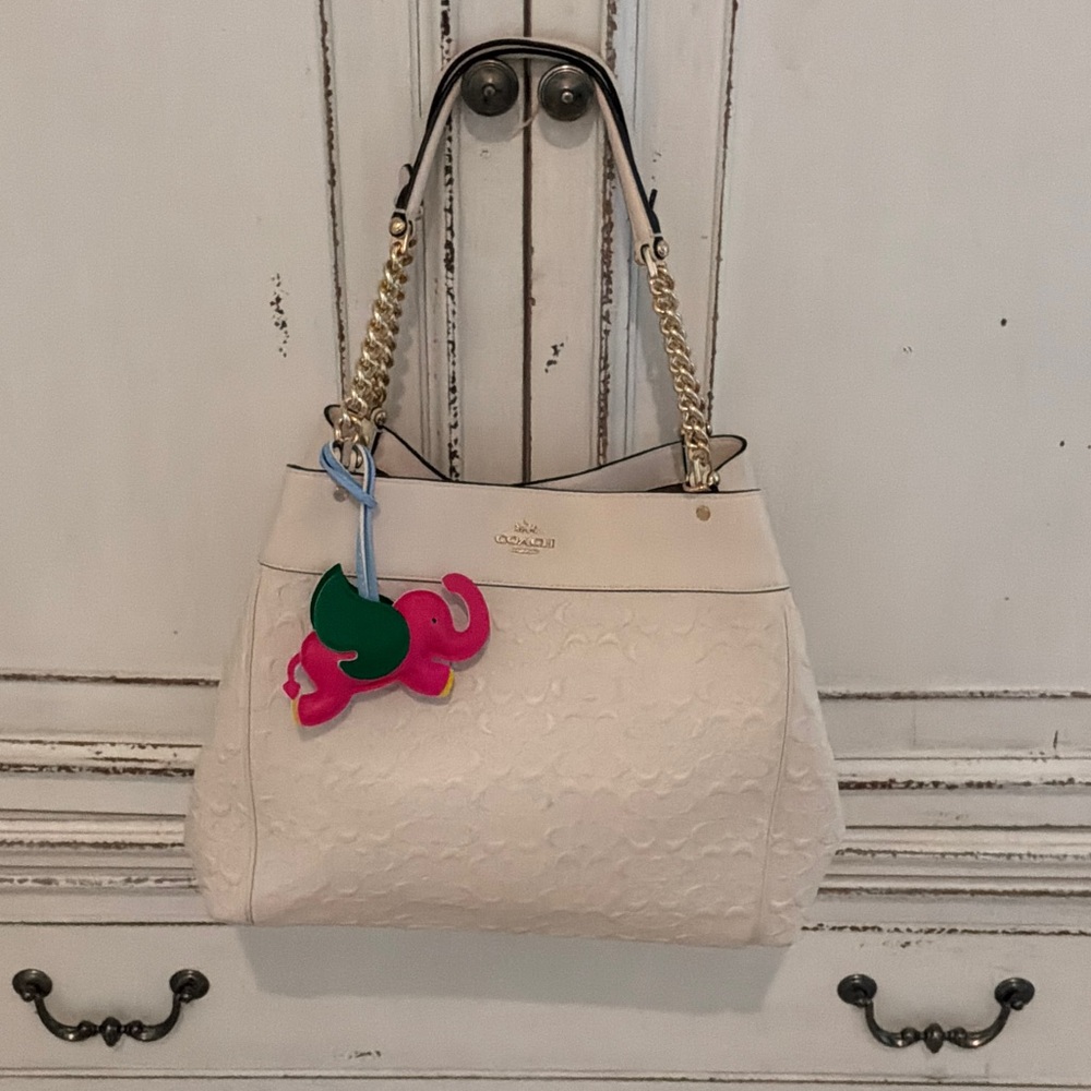 Coach Cream Signature Lexy Shoulder Tote with Gold Chain Handles and Pink Charm
